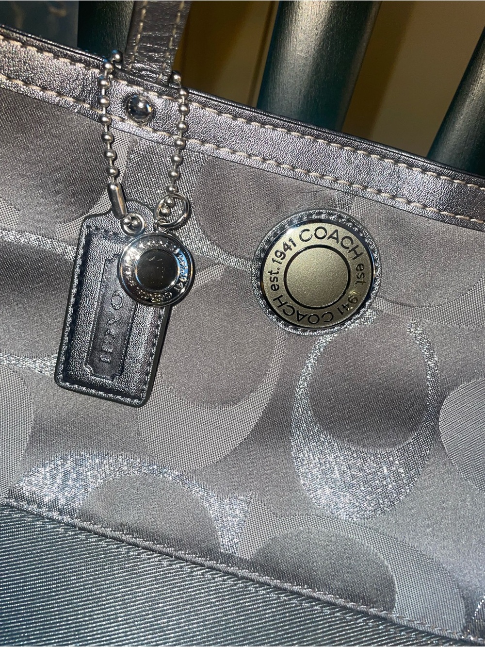 Coach Metallic Silver Signature Tote with Logo Charm